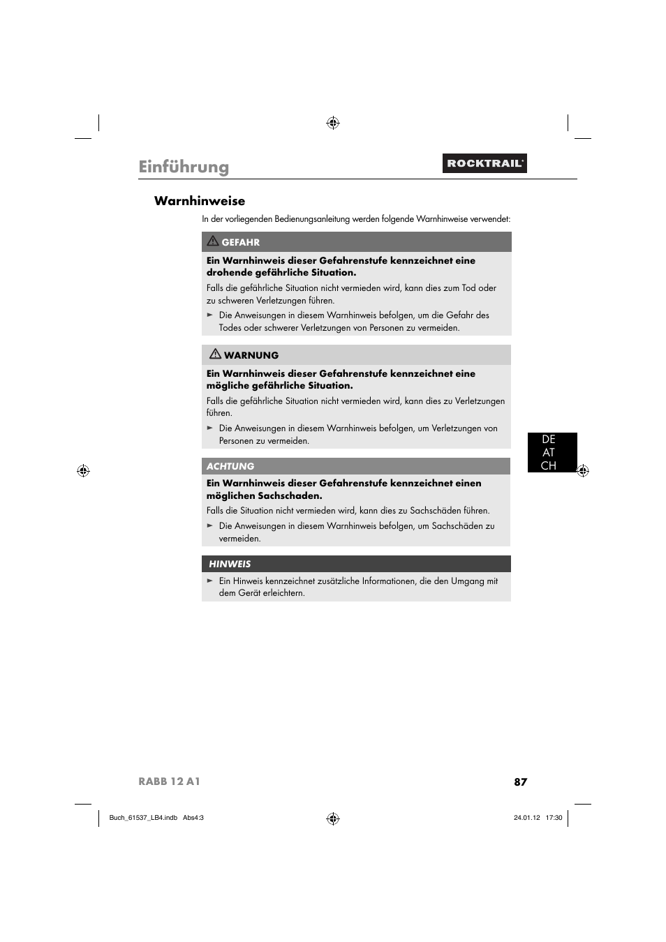 Einführung, Warnhinweise, De at ch | Rocktrail Car Cool Box RABB 12 A1 User Manual | Page 90 / 102
