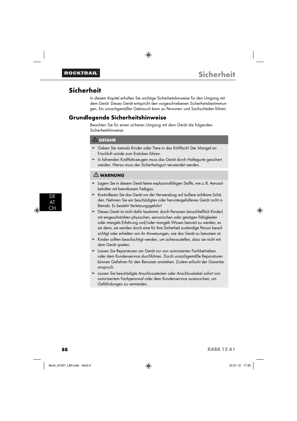 Sicherheit, Grundlegende sicherheitshinweise, De at ch | Rocktrail Car Cool Box RABB 12 A1 User Manual | Page 91 / 102