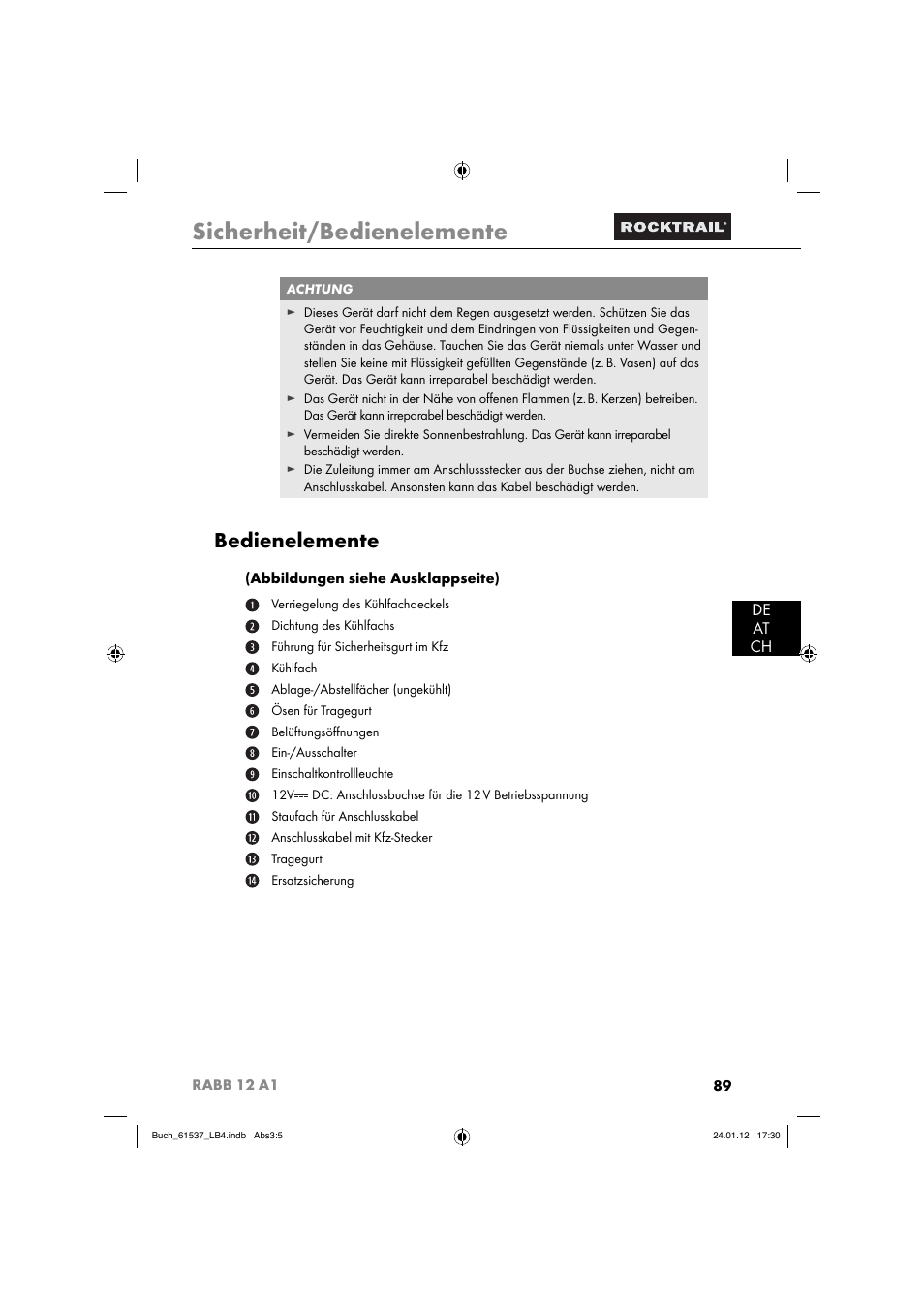 Sicherheit/bedienelemente, Bedienelemente, De at ch | Rocktrail Car Cool Box RABB 12 A1 User Manual | Page 92 / 102