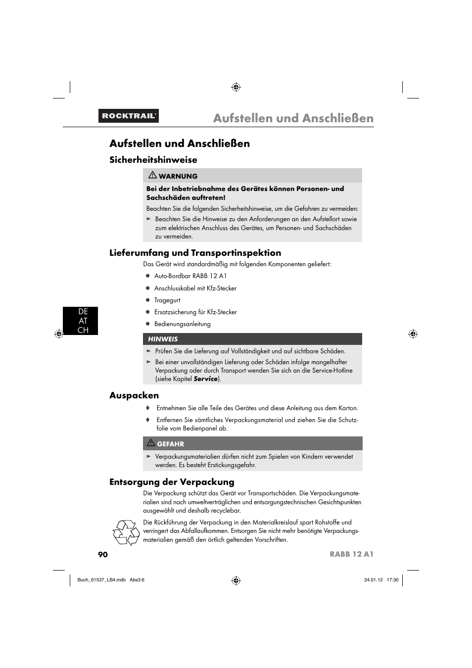 Aufstellen und anschließen, Sicherheitshinweise, Lieferumfang und transportinspektion | Auspacken, Entsorgung der verpackung, De at ch | Rocktrail Car Cool Box RABB 12 A1 User Manual | Page 93 / 102