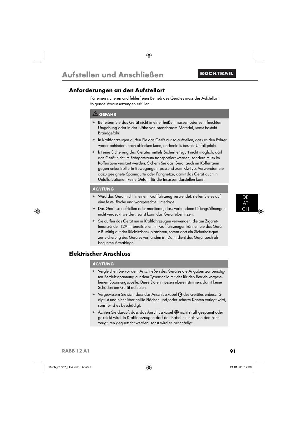 Aufstellen und anschließen, Anforderungen an den aufstellort, Elektrischer anschluss | De at ch | Rocktrail Car Cool Box RABB 12 A1 User Manual | Page 94 / 102
