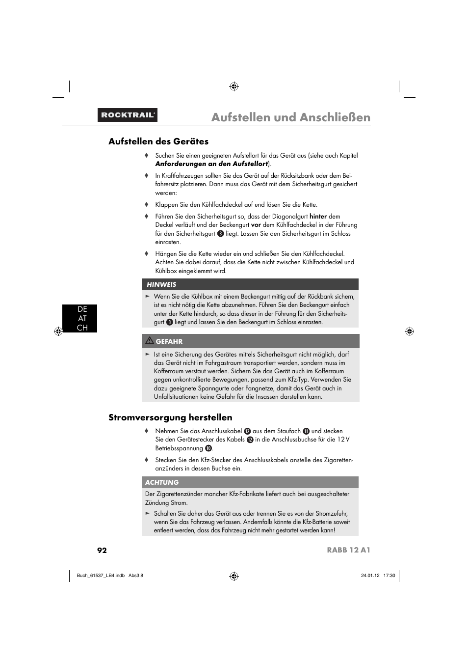 Aufstellen und anschließen, Aufstellen des gerätes, Stromversorgung herstellen | De at ch | Rocktrail Car Cool Box RABB 12 A1 User Manual | Page 95 / 102