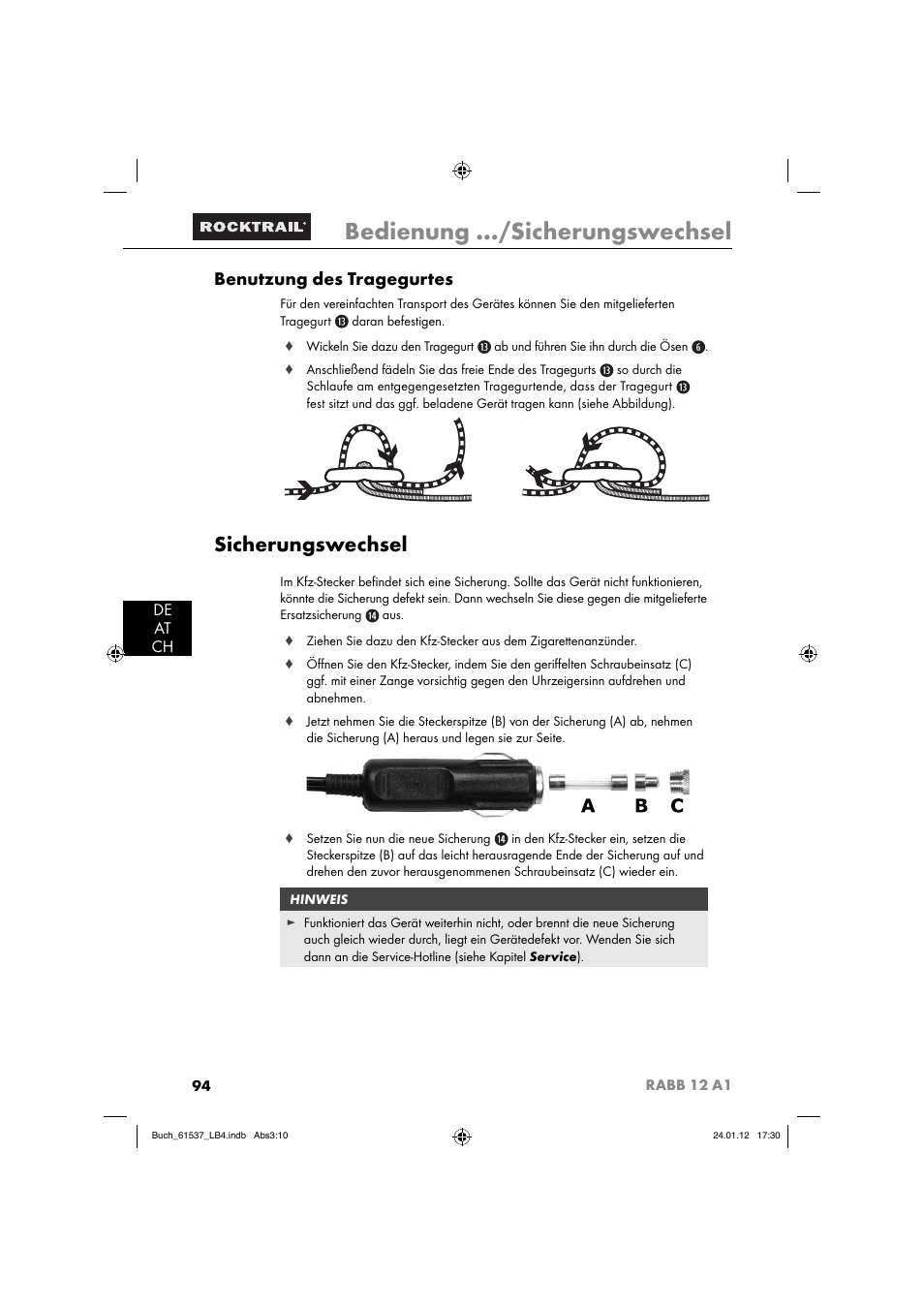 Bedienung …/sicherungswechsel, Sicherungswechsel, Benutzung des tragegurtes | De at ch | Rocktrail Car Cool Box RABB 12 A1 User Manual | Page 97 / 102