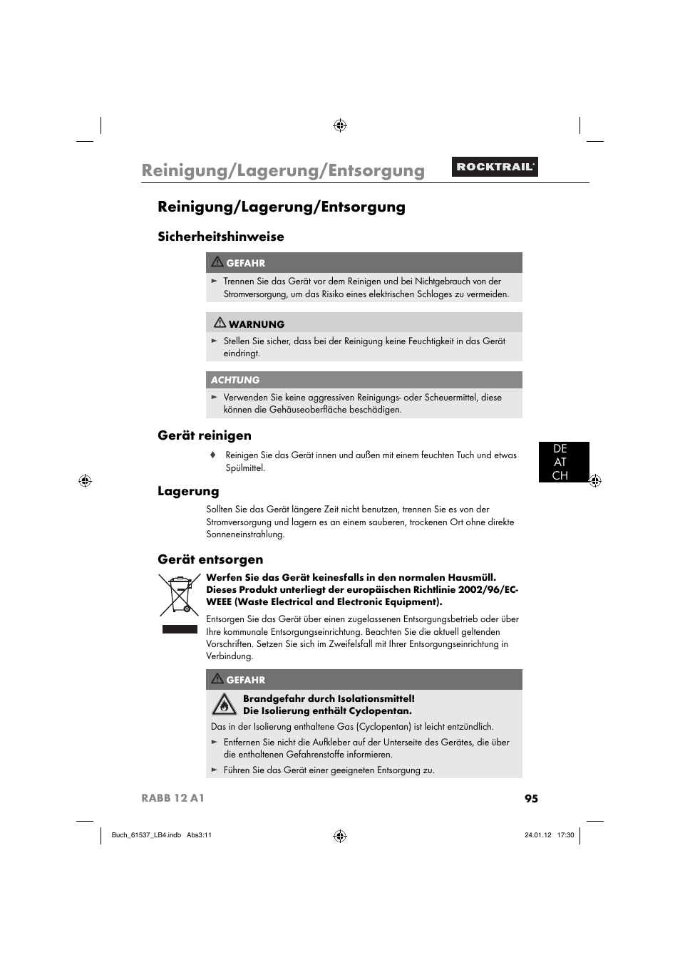 Reinigung/lagerung/entsorgung, Sicherheitshinweise, Gerät reinigen | Lagerung, Gerät entsorgen, De at ch | Rocktrail Car Cool Box RABB 12 A1 User Manual | Page 98 / 102