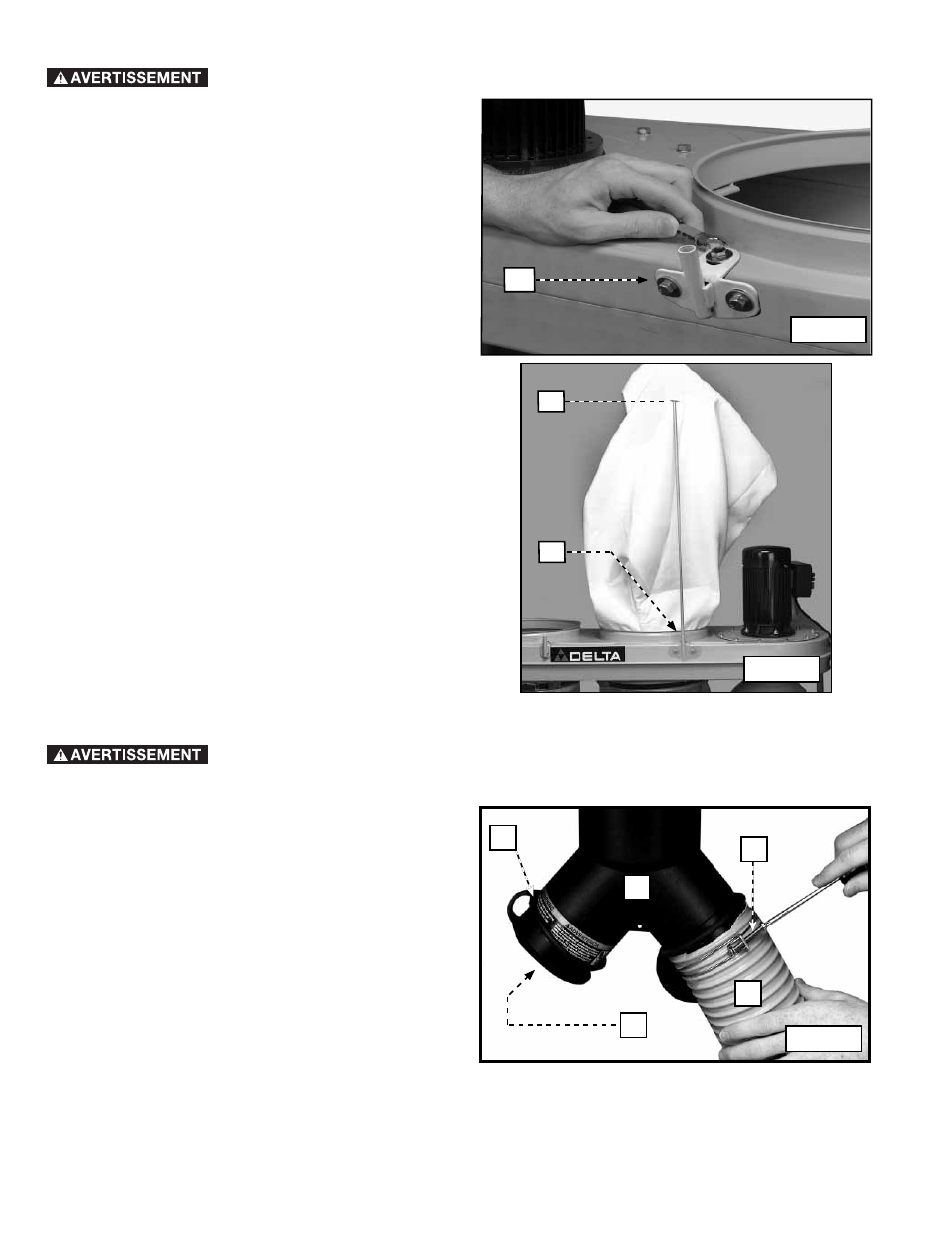 Fixation du sac filtrant supérieur, Raccord du tuyau à l’orifice d’admission | Delta 50-760 User Manual | Page 24 / 40