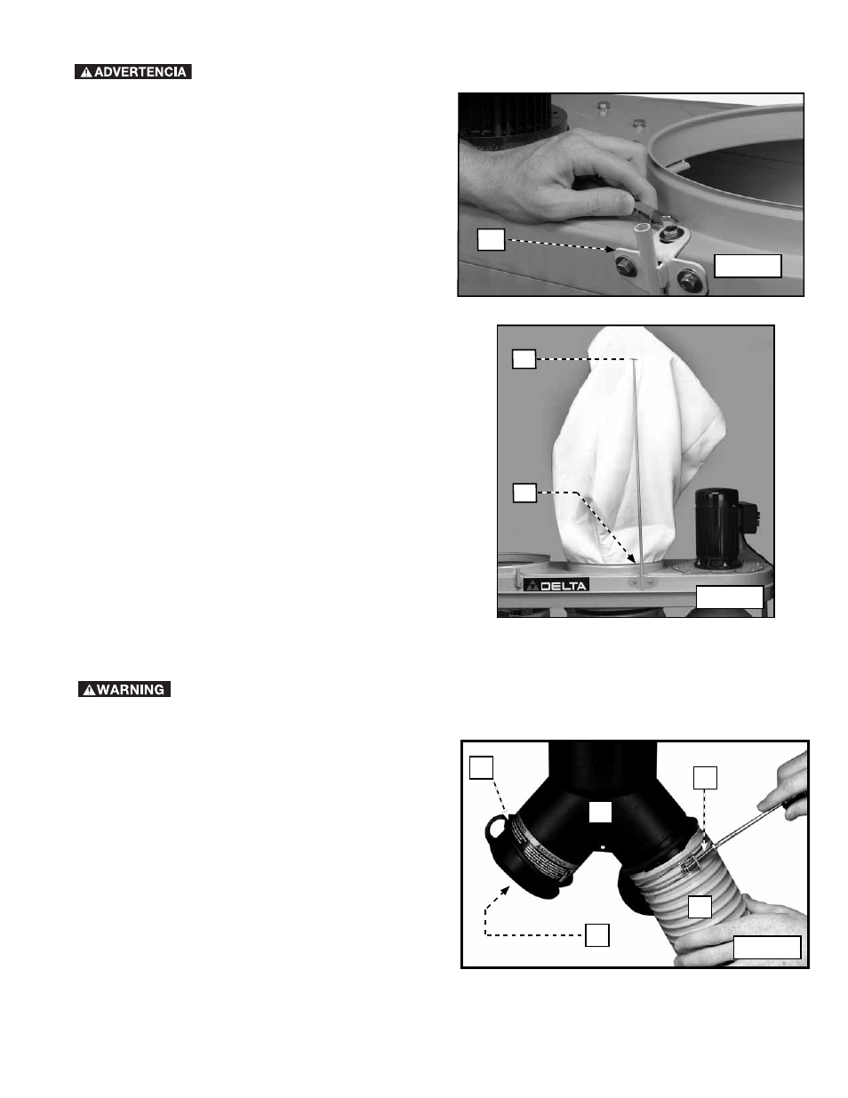 Cómo conectar la bolsa de filtro superior, Cómo conectar la manguera al orificio de admisión | Delta 50-760 User Manual | Page 37 / 40