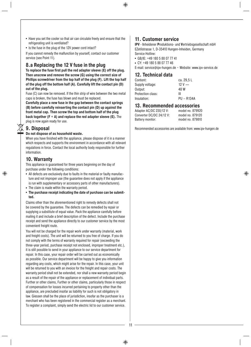 A replacing the 12 v fuse in the plug, Disposal, Warranty | Customer service, Technical data, Recommended accessories | Rocktrail Electric Cool Box  E 30 B Trolley - 12 V User Manual | Page 12 / 26