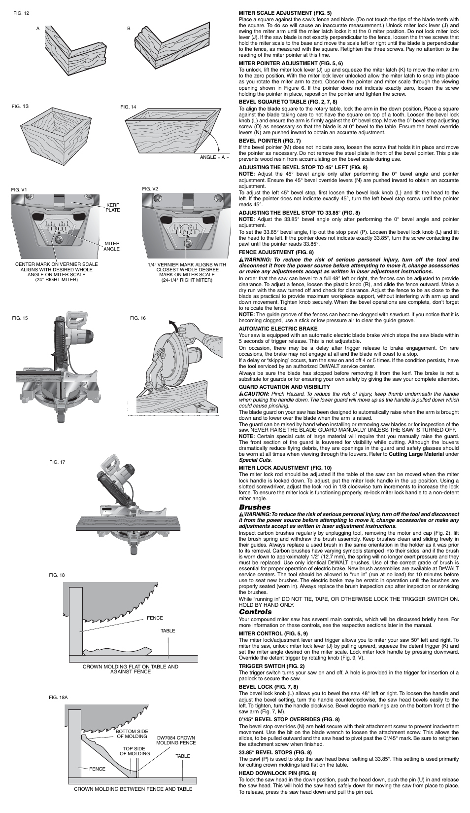 Brushes, Controls, Alwa ys adjust fenc e proper ly before us e | DeWalt DW715 User Manual | Page 4 / 7