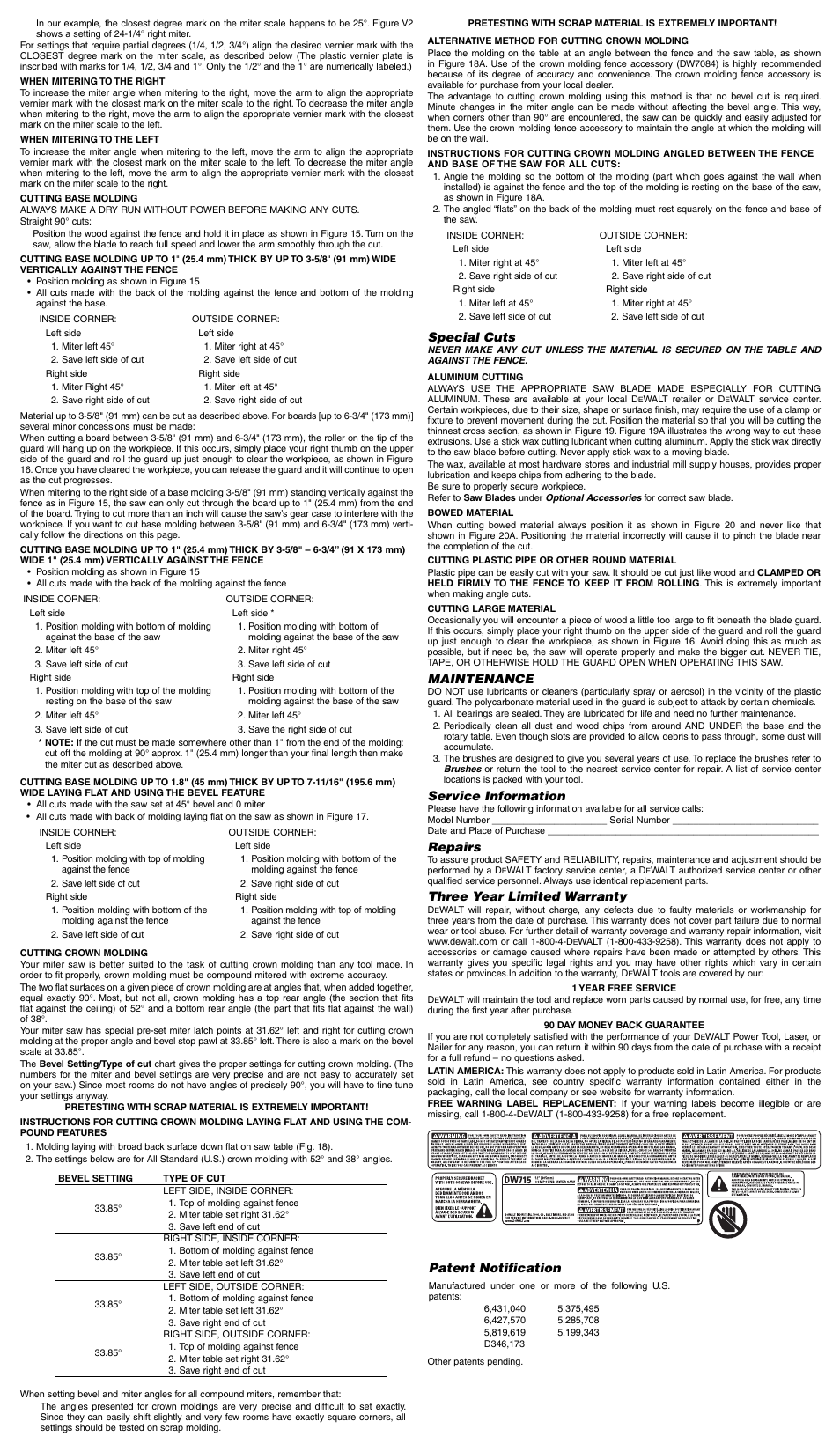 Special cuts, Maintenance, Service information | Repairs, Three year limited warranty, Patent notification | DeWalt DW715 User Manual | Page 6 / 7