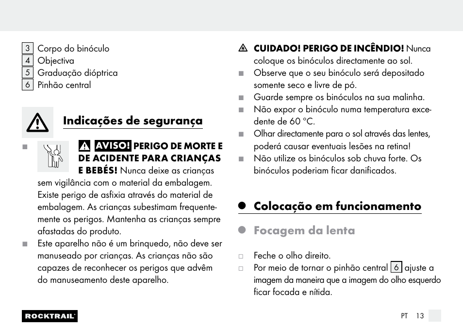 Indicações de segurança, Colocação em funcionamento, Focagem da lenta | Rocktrail Z9850 Pocket Binocular User Manual | Page 13 / 24