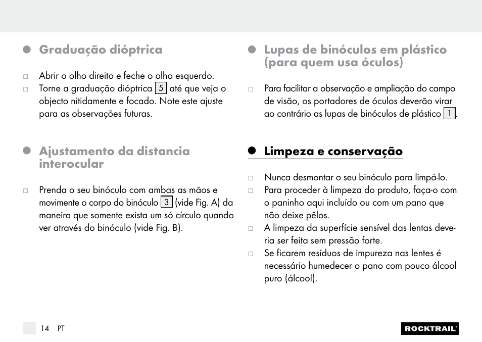 Graduação dióptrica, Ajustamento da distancia interocular, Limpeza e conservação | Rocktrail Z9850 Pocket Binocular User Manual | Page 14 / 24