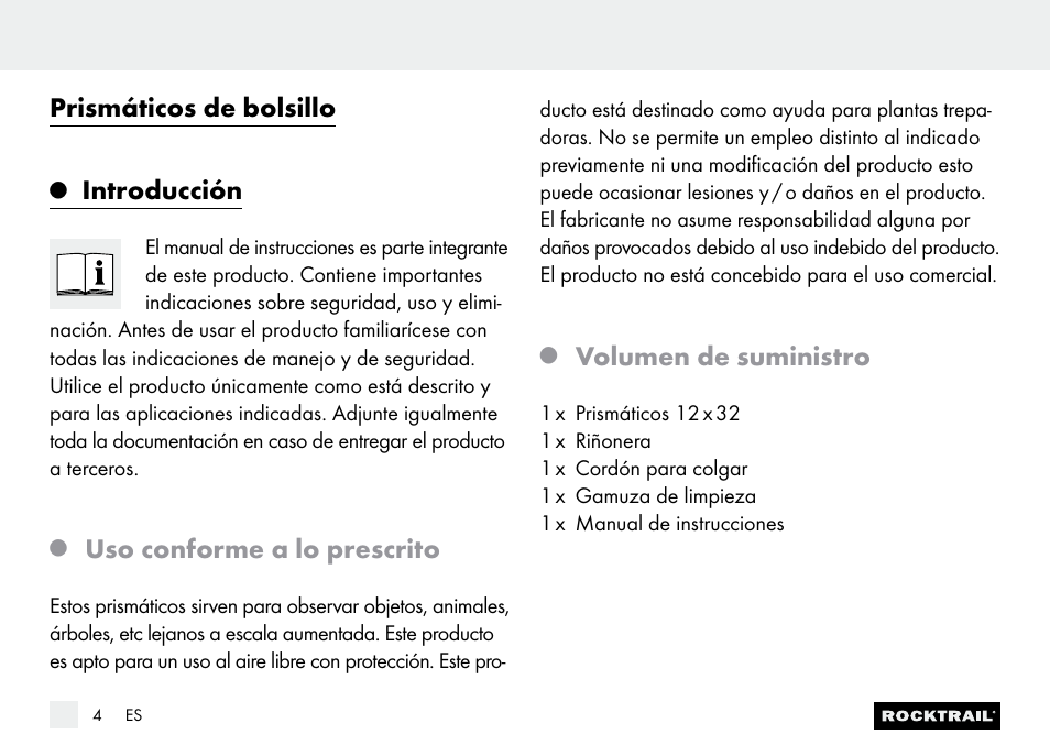 Prismáticos de bolsillo, Introducción, Uso conforme a lo prescrito | Volumen de suministro | Rocktrail Z9850 Pocket Binocular User Manual | Page 4 / 24