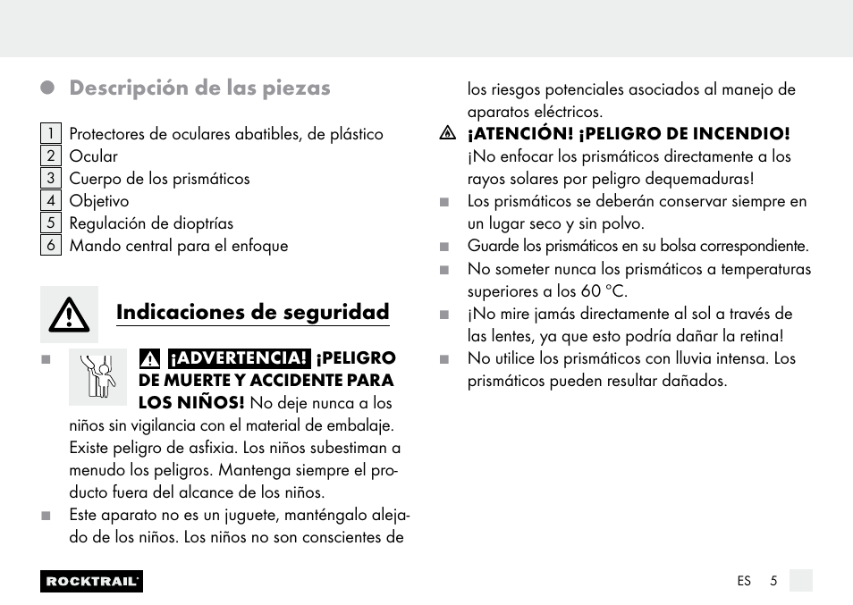 Descripción de las piezas, Indicaciones de seguridad | Rocktrail Z9850 Pocket Binocular User Manual | Page 5 / 24