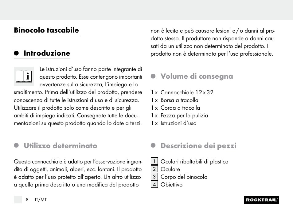 Binocolo tascabile, Introduzione, Utilizzo determinato | Volume di consegna, Descrizione dei pezzi | Rocktrail Z9850 Pocket Binocular User Manual | Page 8 / 24