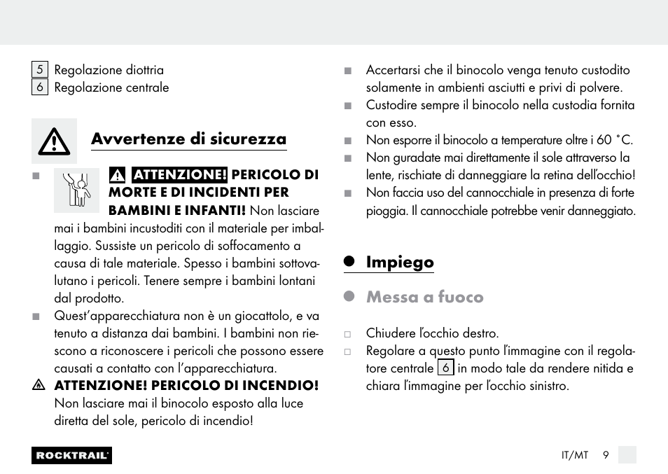 Avvertenze di sicurezza, Impiego, Messa a fuoco | Rocktrail Z9850 Pocket Binocular User Manual | Page 9 / 24