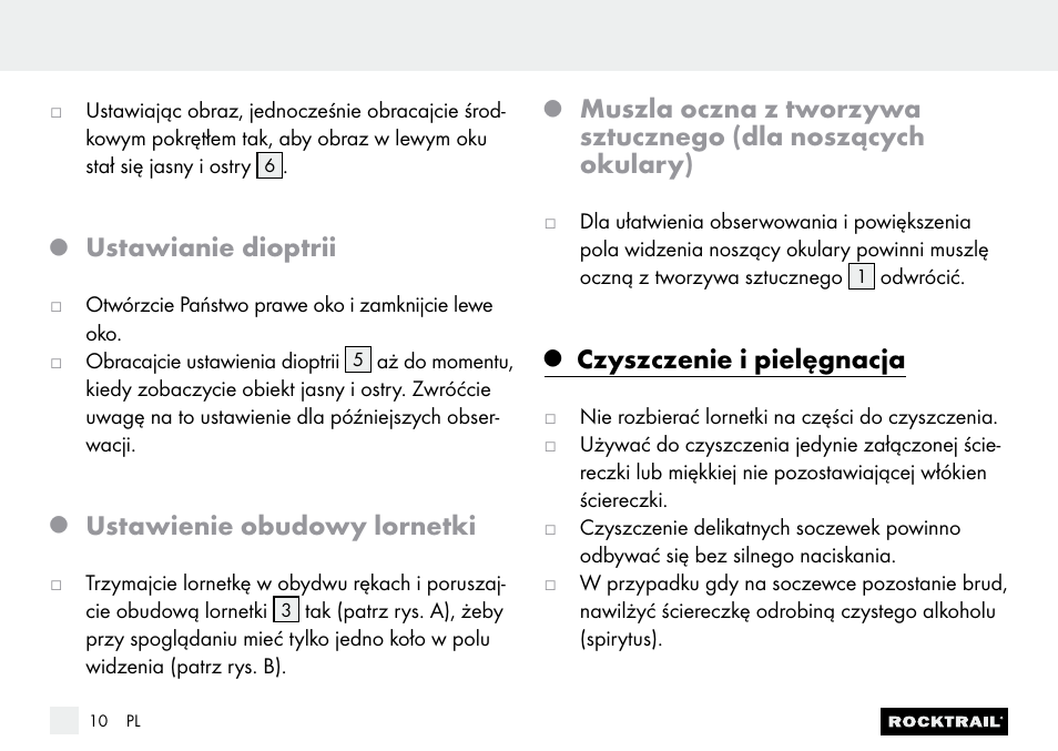 Ustawianie dioptrii, Ustawienie obudowy lornetki, Czyszczenie i pielęgnacja | Rocktrail Z9850 Pocket Binocular User Manual | Page 10 / 32