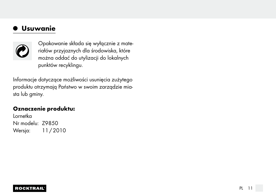 Usuwanie | Rocktrail Z9850 Pocket Binocular User Manual | Page 11 / 32