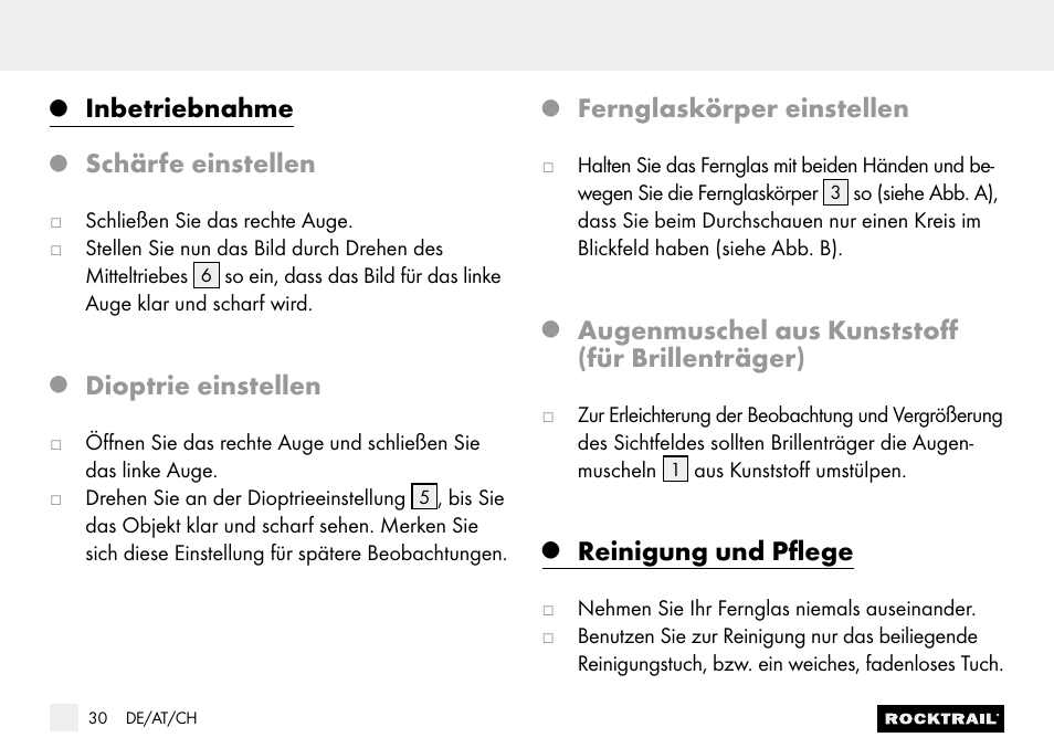 Inbetriebnahme, Schärfe einstellen, Dioptrie einstellen | Fernglaskörper einstellen, Augenmuschel aus kunststoff (für brillenträger), Reinigung und pflege | Rocktrail Z9850 Pocket Binocular User Manual | Page 30 / 32