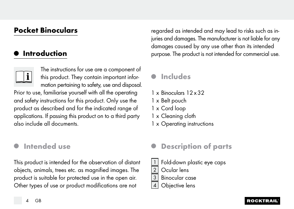 Pocket binoculars, Introduction, Intended use | Includes, Description of parts | Rocktrail Z9850 Pocket Binocular User Manual | Page 4 / 32