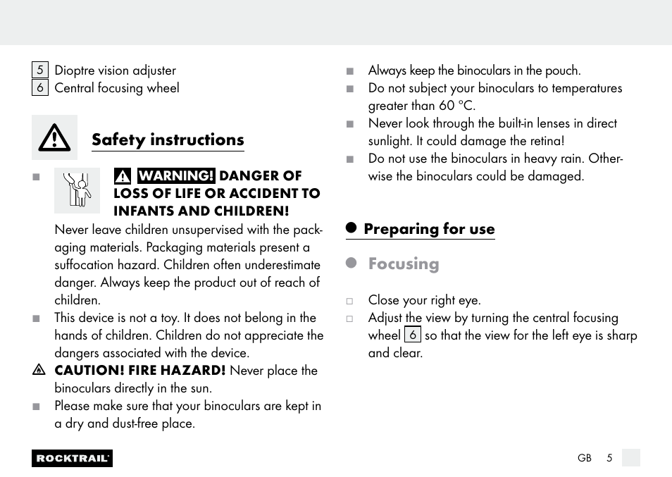 Safety instructions, Focusing | Rocktrail Z9850 Pocket Binocular User Manual | Page 5 / 32