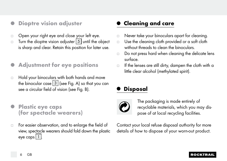 Dioptre vision adjuster, Adjustment for eye positions, Plastic eye caps (for spectacle wearers) | Cleaning and care, Disposal | Rocktrail Z9850 Pocket Binocular User Manual | Page 6 / 32