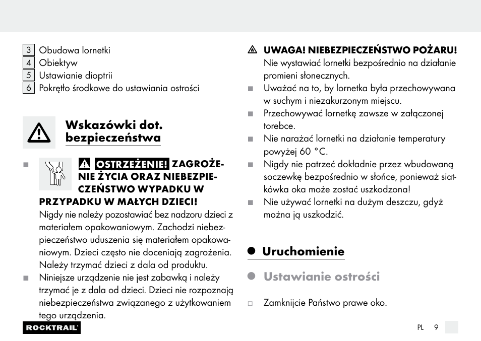 Wskazówki dot. bezpieczeństwa, Uruchomienie, Ustawianie ostrości | Rocktrail Z9850 Pocket Binocular User Manual | Page 9 / 32