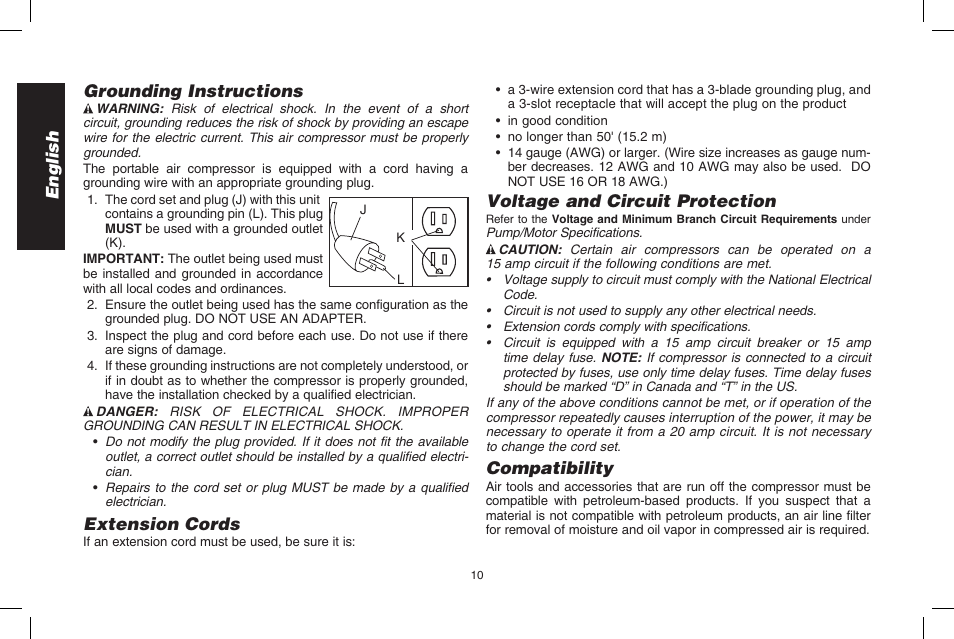 English grounding instructions, Extension cords, Voltage and circuit protection | Compatibility | DeWalt D2002M User Manual | Page 10 / 56