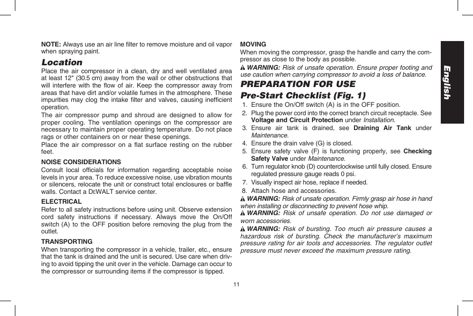 English, Location, Preparation for use pre-start checklist (fig. 1) | DeWalt D2002M User Manual | Page 11 / 56