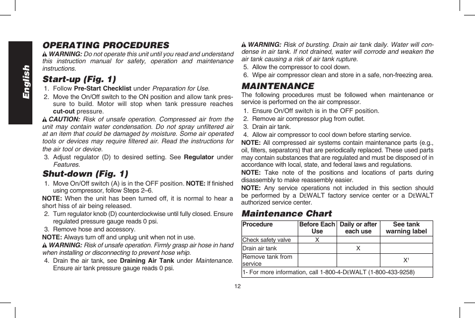 English operating procedures, Start-up (fig. 1), Shut-down (fig. 1) | Maintenance, Maintenance chart | DeWalt D2002M User Manual | Page 12 / 56