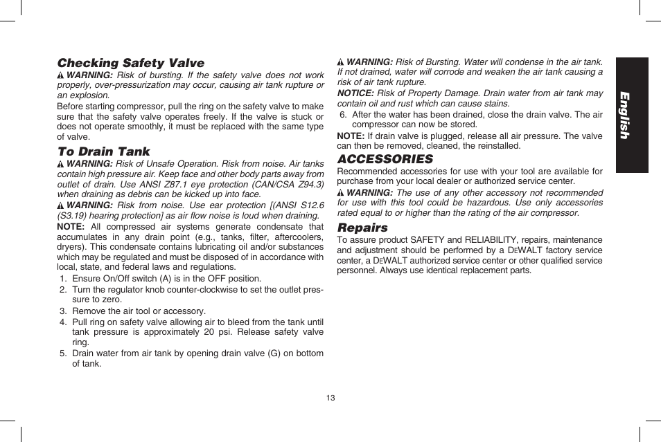 English checking safety valve, Accessories, Repairs | DeWalt D2002M User Manual | Page 13 / 56