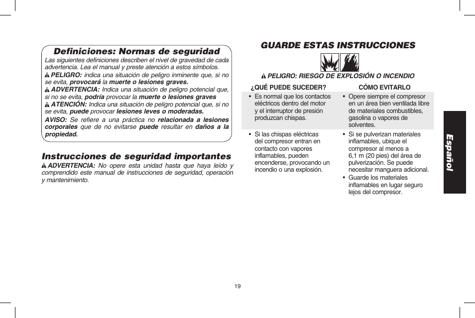 Español definiciones: normas de seguridad, Instrucciones de seguridad importantes, Guarde estas instrucciones | DeWalt D2002M User Manual | Page 19 / 56