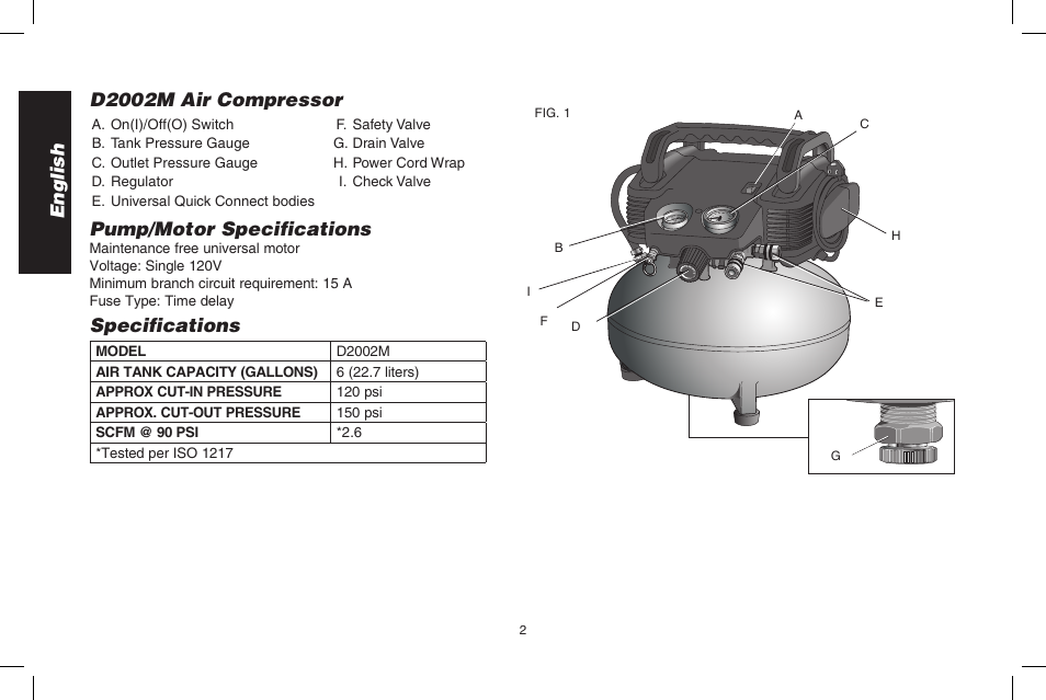 English, Pump/motor specifications, Specifications | D2002m air compressor | DeWalt D2002M User Manual | Page 2 / 56