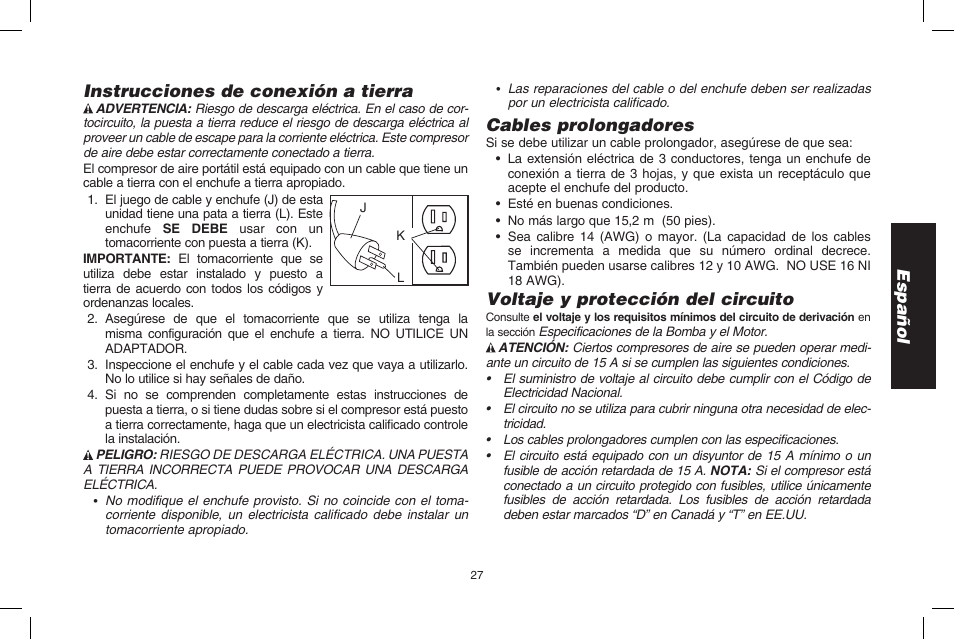 Español instrucciones de conexión a tierra, Cables prolongadores, Voltaje y protección del circuito | DeWalt D2002M User Manual | Page 27 / 56