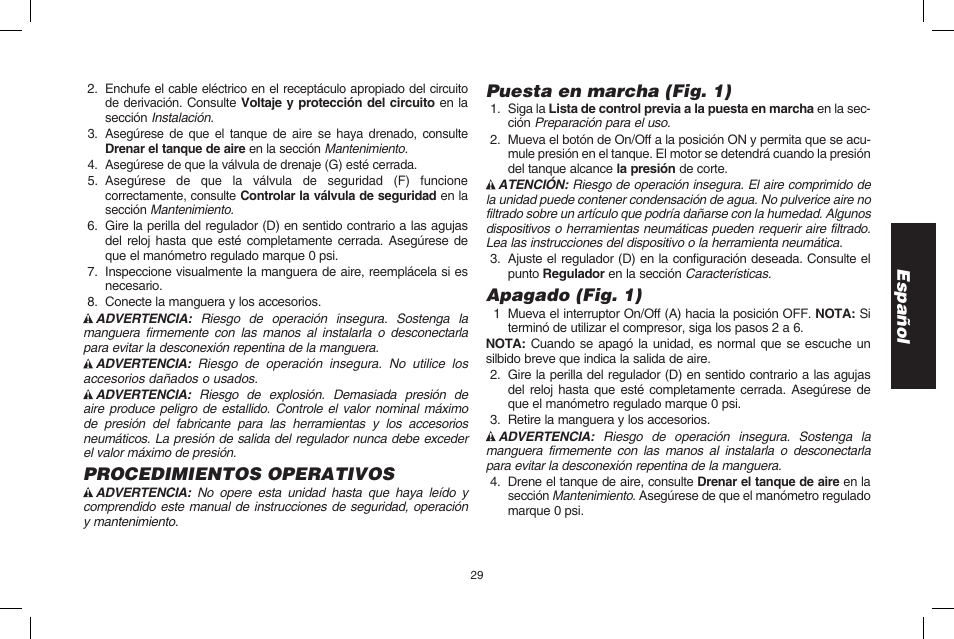 Español, Procedimientos operativos, Puesta en marcha (fig. 1) | Apagado (fig. 1) | DeWalt D2002M User Manual | Page 29 / 56