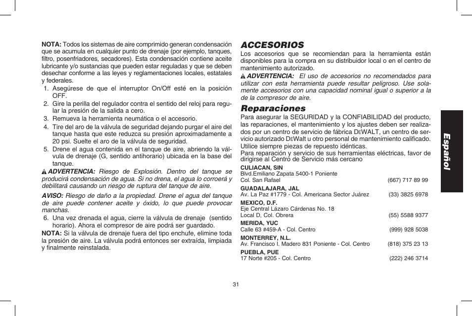 Español, Accesorios, Reparaciones | DeWalt D2002M User Manual | Page 31 / 56