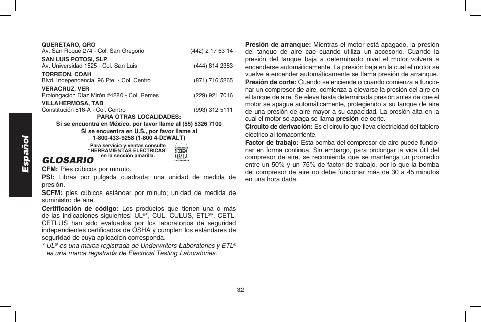 Español, Glosario | DeWalt D2002M User Manual | Page 32 / 56