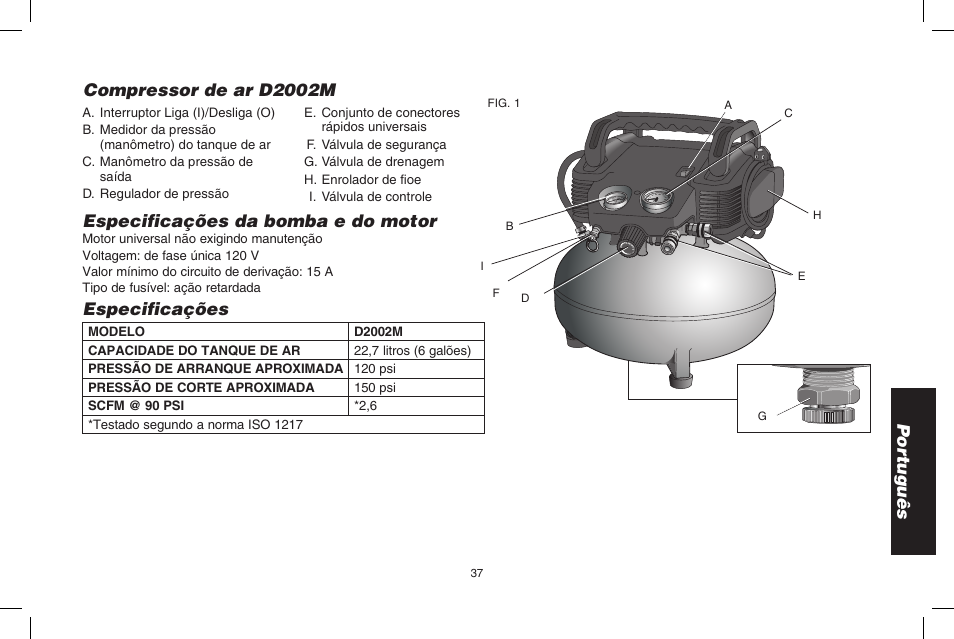 Por tuguês compressor de ar d2002m, Especificações da bomba e do motor, Especificações | DeWalt D2002M User Manual | Page 37 / 56