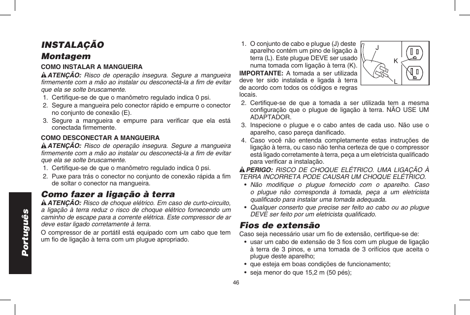 Por tuguês instalação montagem, Como fazer a ligação à terra, Fios de extensão | DeWalt D2002M User Manual | Page 46 / 56