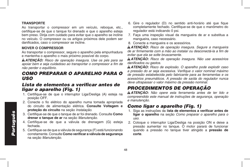 Por tuguês, Procedimentos de operação, Como ligar o aparelho (fig. 1) | DeWalt D2002M User Manual | Page 48 / 56