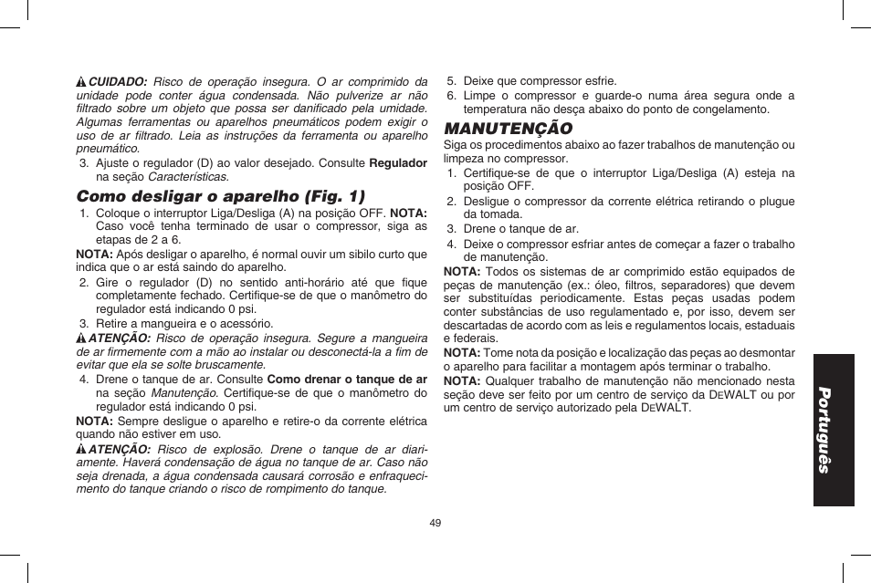 Por tuguês, Como desligar o aparelho (fig. 1), Manutenção | DeWalt D2002M User Manual | Page 49 / 56