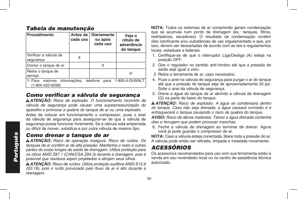 Por tuguês tabela de manutenção, Como verificar a válvula de segurança, Como drenar o tanque de ar | Acessórios | DeWalt D2002M User Manual | Page 50 / 56