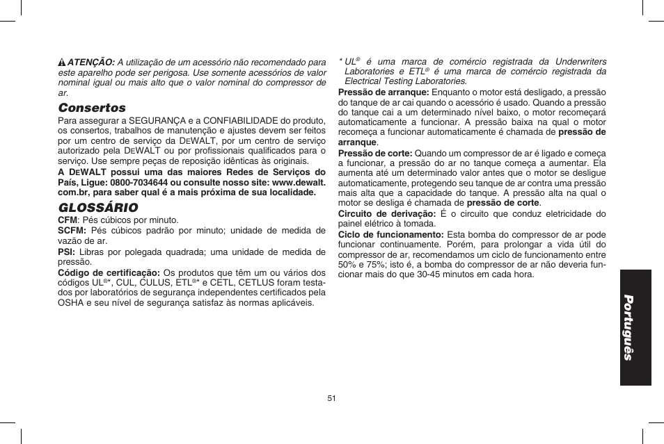 Por tuguês, Consertos, Glossário | DeWalt D2002M User Manual | Page 51 / 56