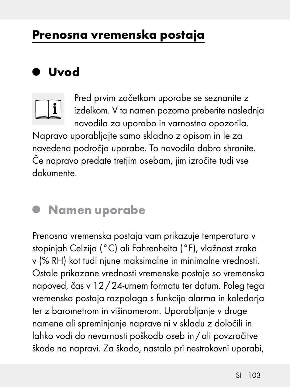 Prenosna vremenska postaja, Uvod, Namen uporabe | Rocktrail Z29592 User Manual | Page 103 / 256