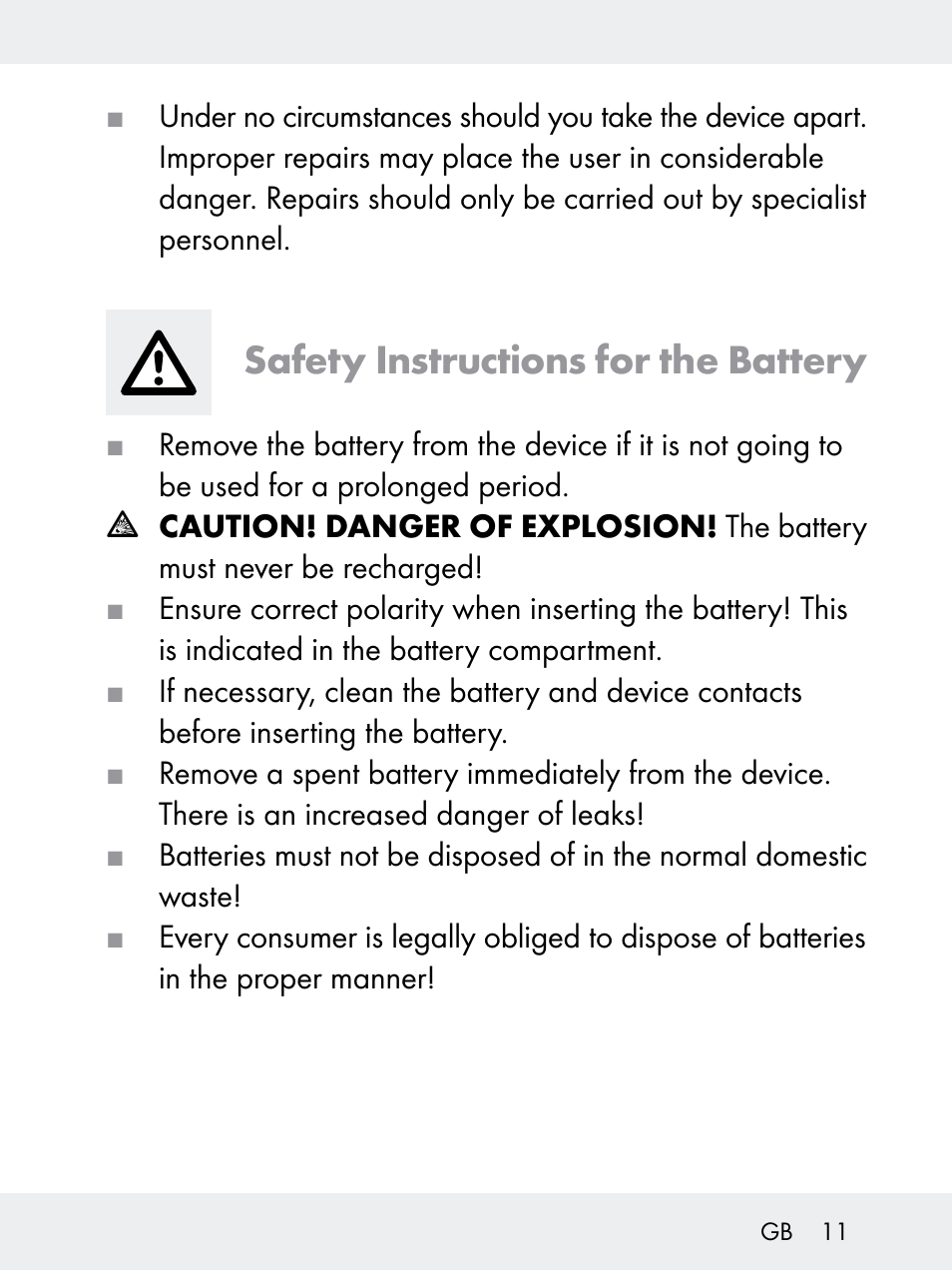 Safety instructions for the battery | Rocktrail Z29592 User Manual | Page 11 / 256