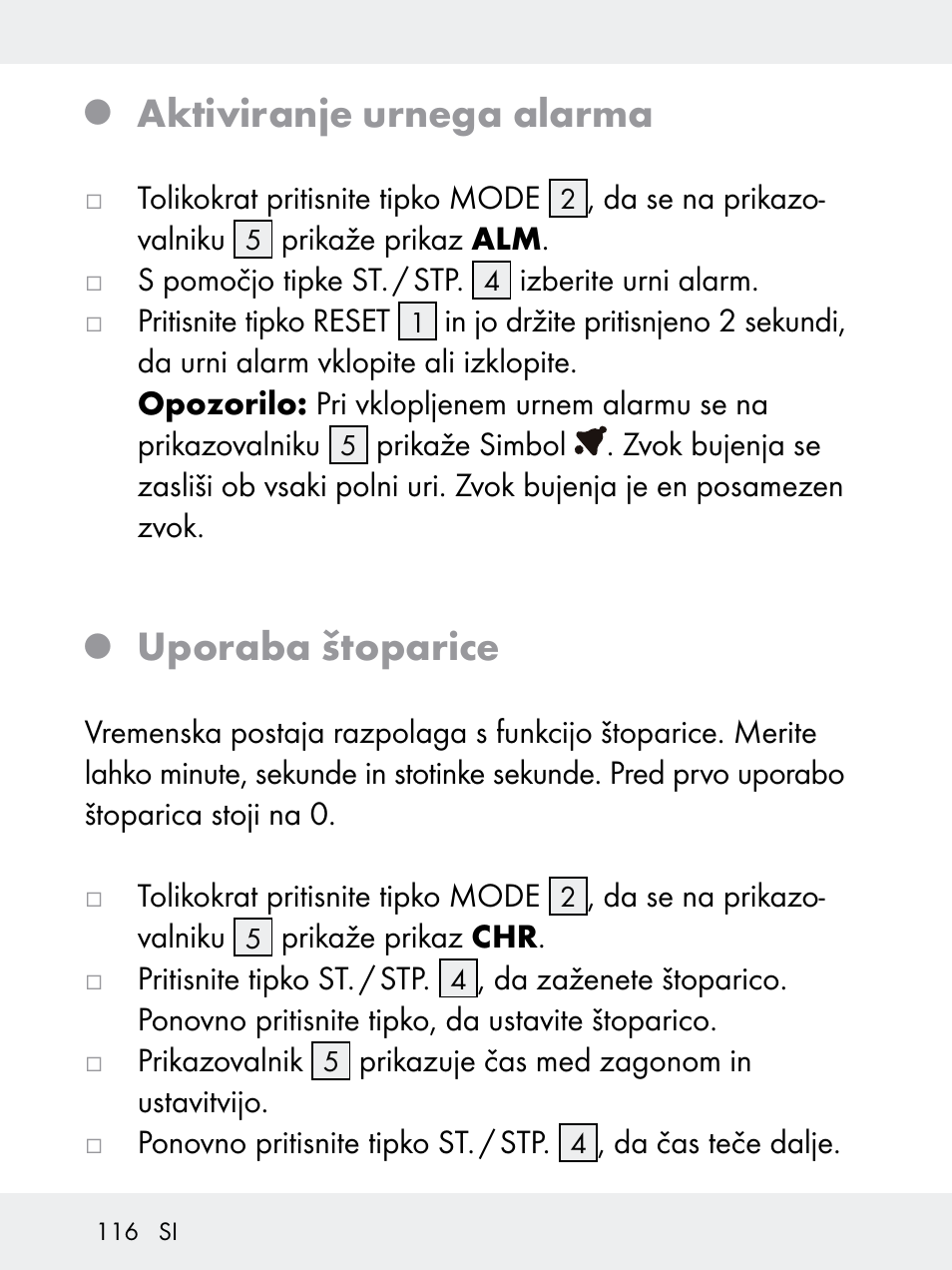 Aktiviranje urnega alarma, Uporaba štoparice | Rocktrail Z29592 User Manual | Page 116 / 256