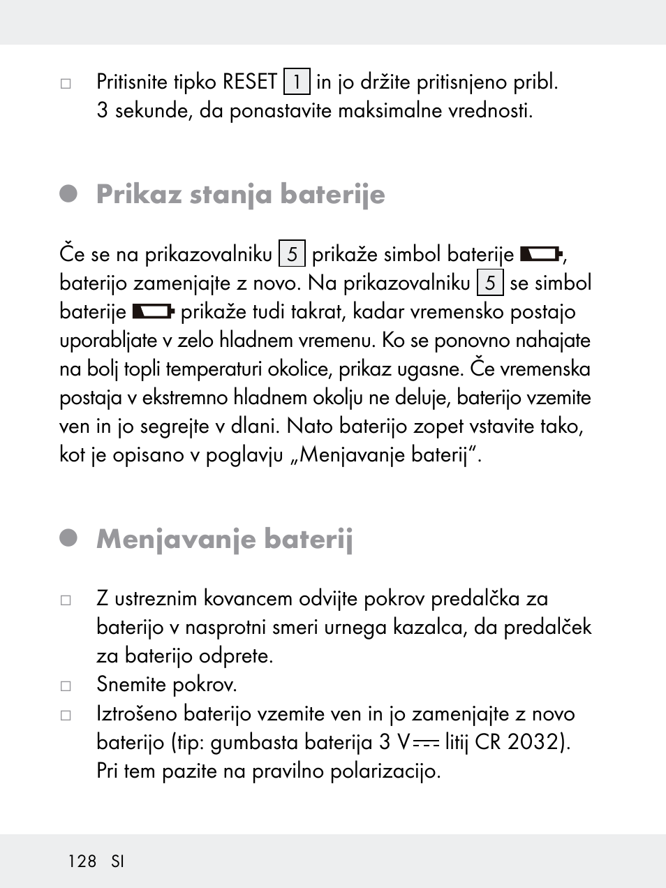 Prikaz stanja baterije, Menjavanje baterij | Rocktrail Z29592 User Manual | Page 128 / 256
