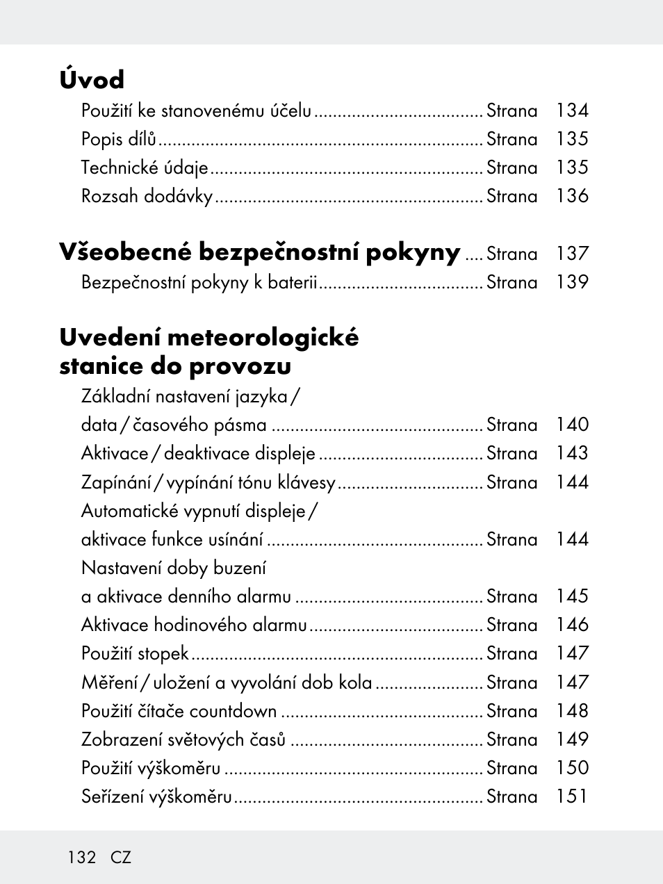 Úvod, Všeobecné bezpečnostní pokyny, Uvedení meteorologické stanice do provozu | Rocktrail Z29592 User Manual | Page 132 / 256