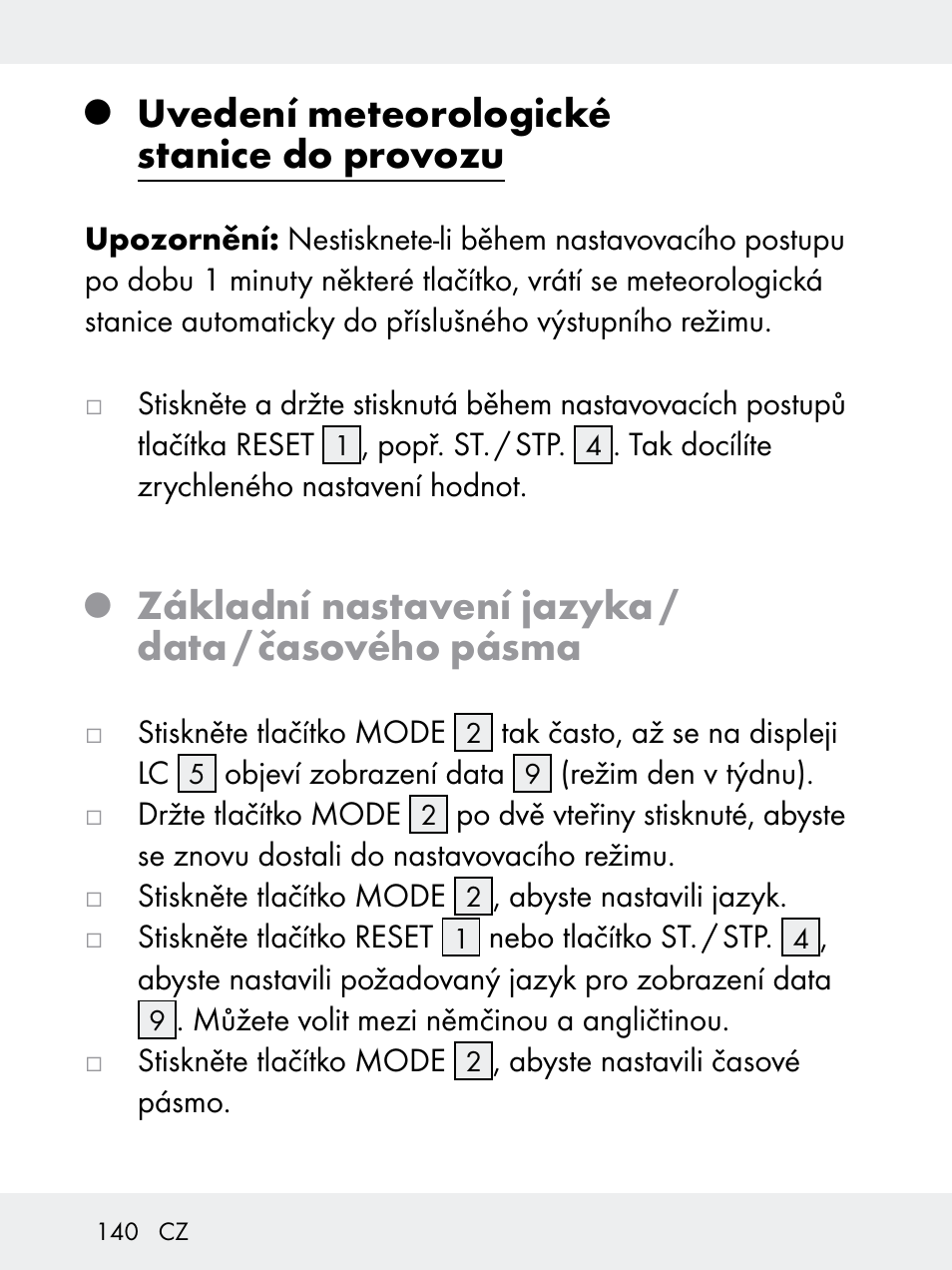 Uvedení meteorologické stanice do provozu, Základní nastavení jazyka / data / časového pásma | Rocktrail Z29592 User Manual | Page 140 / 256