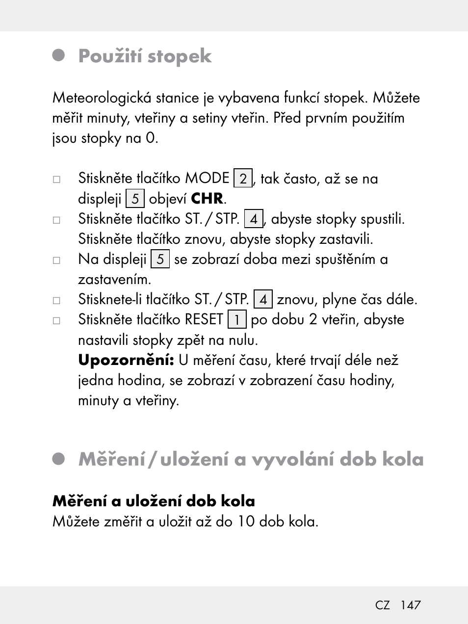 Použití stopek, Měření / uložení a vyvolání dob kola | Rocktrail Z29592 User Manual | Page 147 / 256