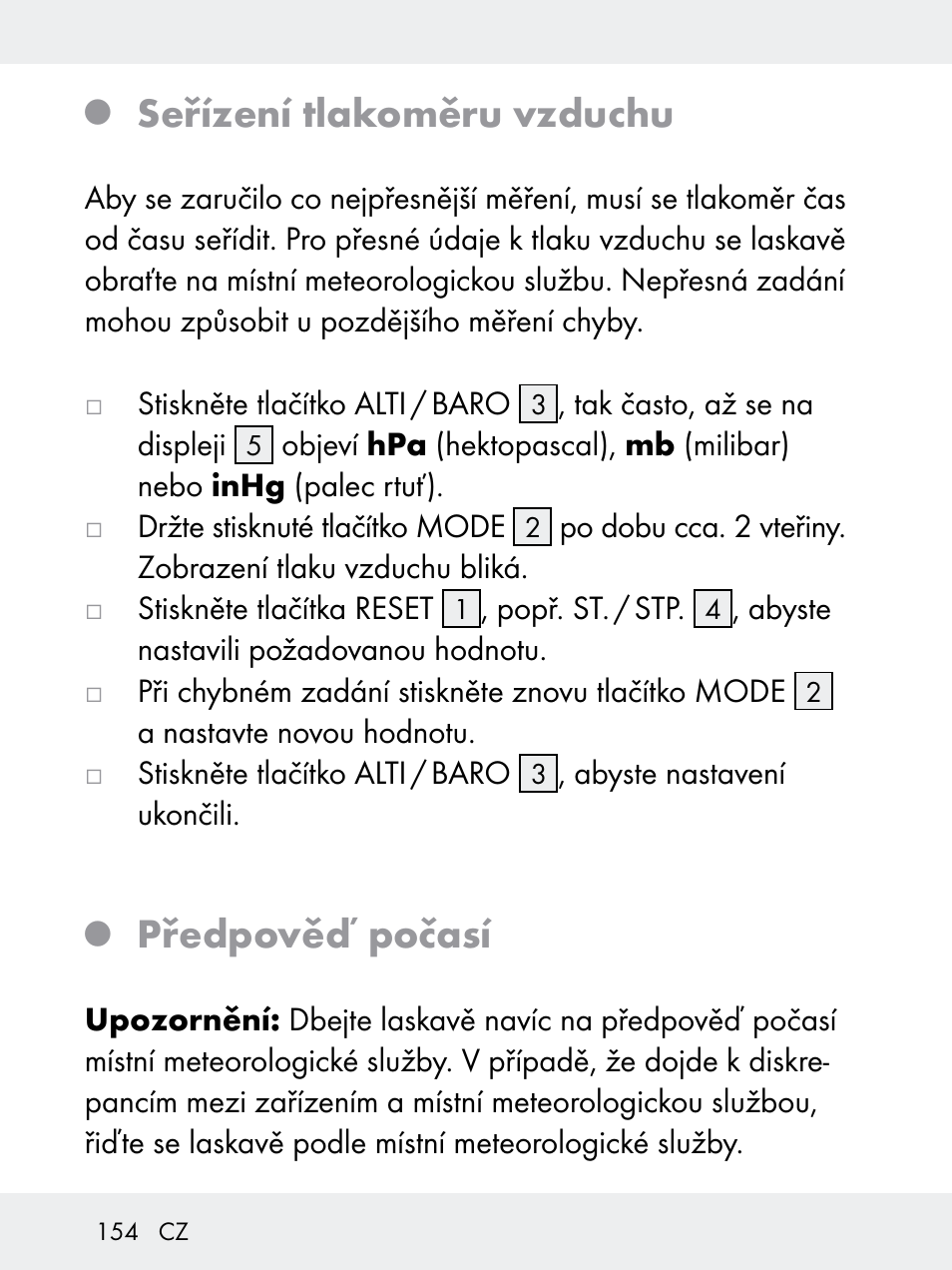 Seřízení tlakoměru vzduchu, Předpověď počasí | Rocktrail Z29592 User Manual | Page 154 / 256